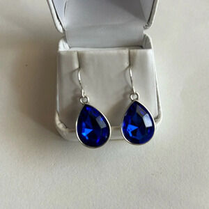 3/$20 Royal Blue Sapphire Color Crystal Teardrop Silver Tone Dangle Earrings